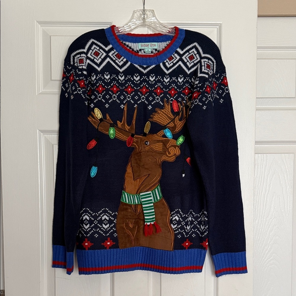 Holiday Hype Navy Reindeer Christmas Sweater S